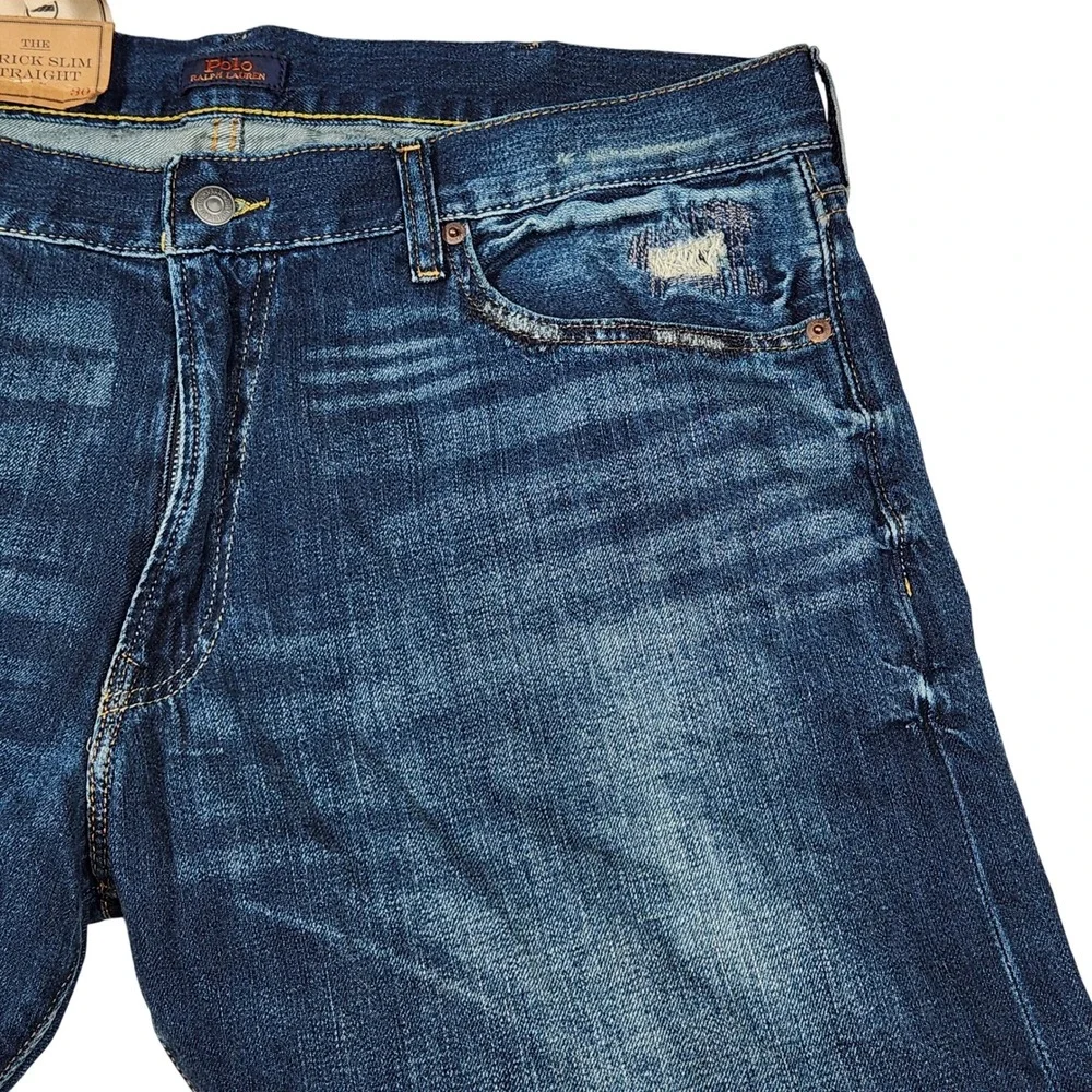 Polo Ralph Lauren Varick Slim Straight Jeans Dark Wash Distressed Mens 34x30 New